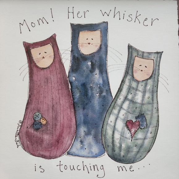 Annette Fish wooden framed print 3 cats "Mom! her whisker is touching me" - Picture 9 of 11